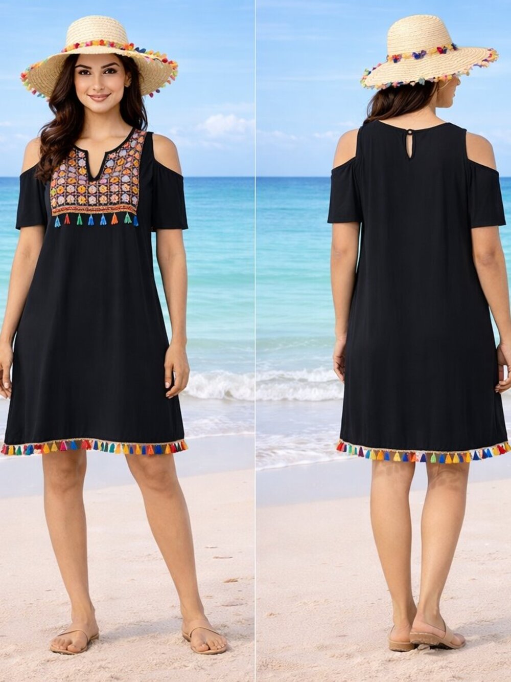India Boutique Bohemian Beach Black Cold shoulder Crochet Tassel Lined Sundress